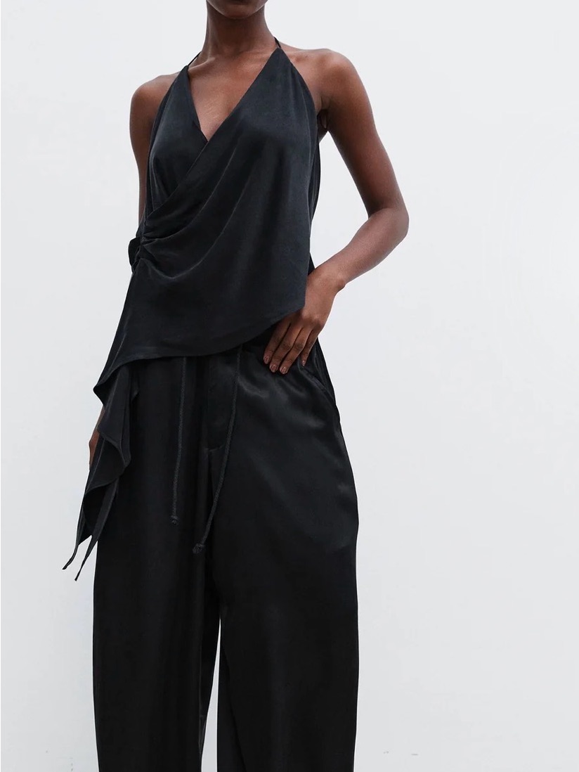 Local European Black Draped Halter Wide-Leg Jumpsuit